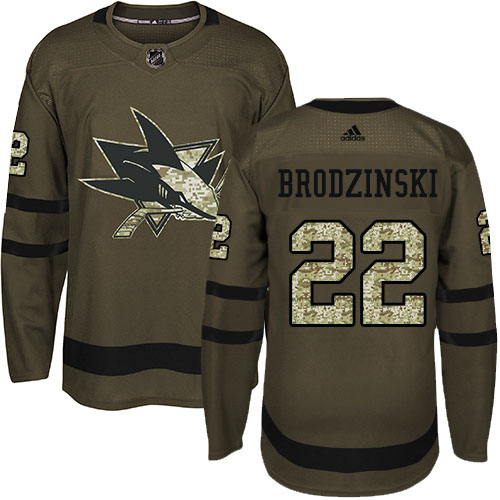 Adidas San Jose Sharks #22 Jonny Brodzinski Green Salute to Service Stitched Youth NHL Jersey